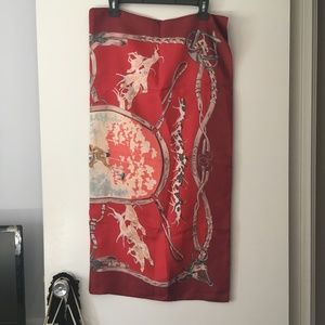 HERMES Red Equestrian Hunt Hounds Themed LA BIEN ALLER Hand Rolled Silk Scarf